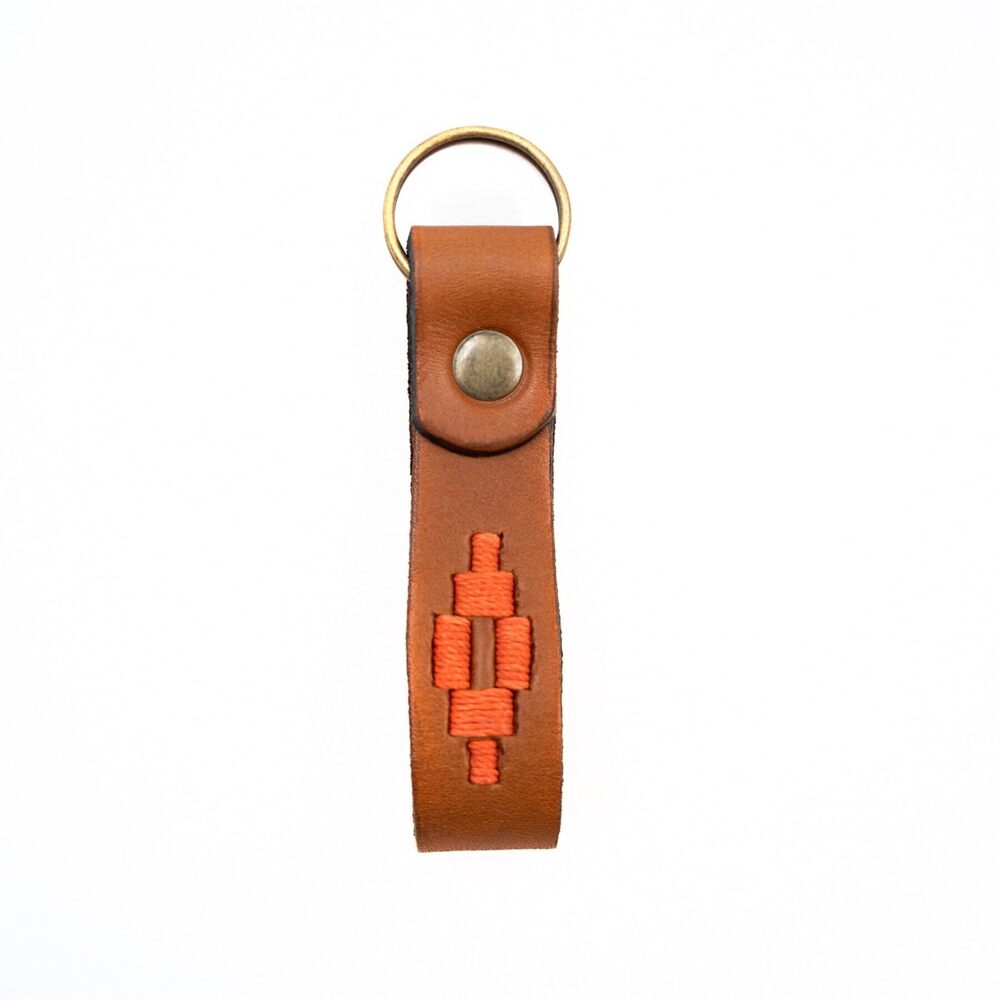 5494 Handmade Embroidered Leather Keychain Tan Orange